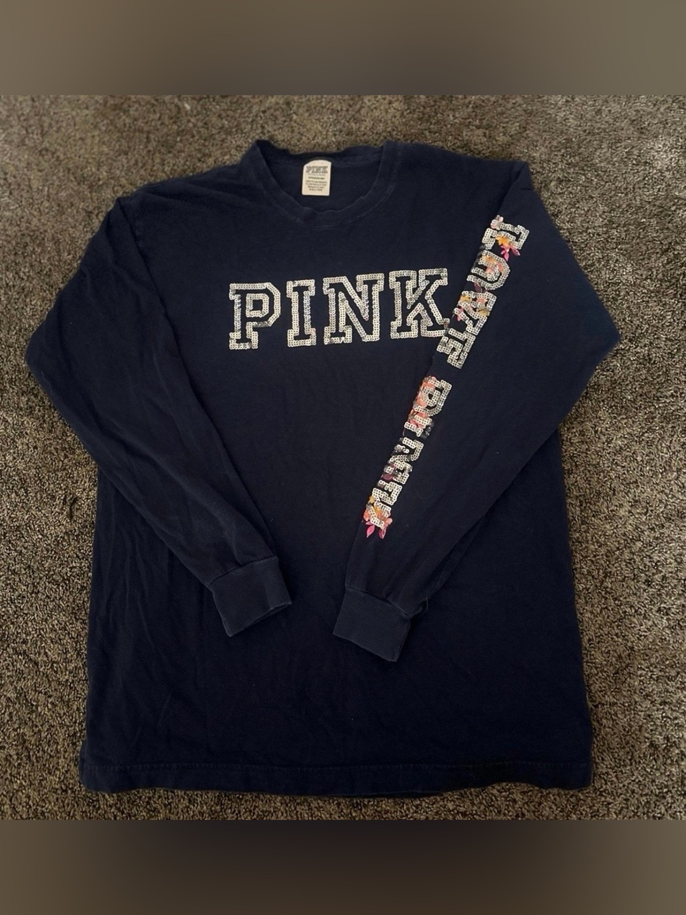 PINK VS Navy Long Sleeve Bling Tee Size Small 0367
